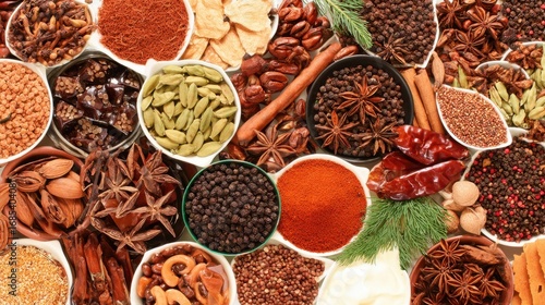 Vibrant assortment of spices displayed in bowls highlighting culinary diversity and flavors from various regions across the world