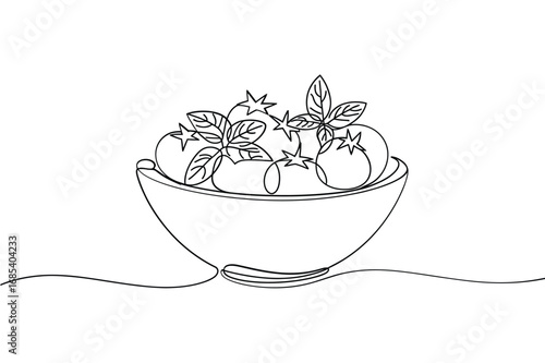 Continuous line drawing of a bowl of fresh tomatoes and basil