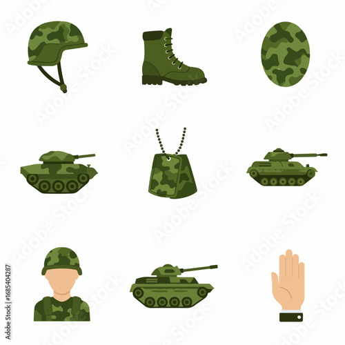 A collection of green camouflage military icons, featuring tanks, helmets, boots, soldiers, and dog tags, perfect for army and defense themes.
