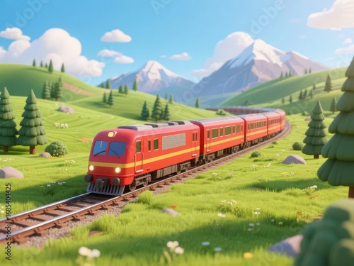 Red Train Traveling Through a Scenic Mountain Landscape