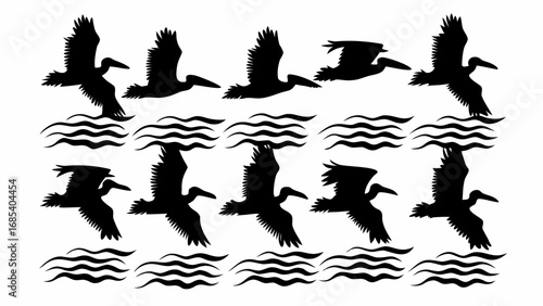 Silhouetted pelicans in flight above stylized waves creating a repeating pattern design element