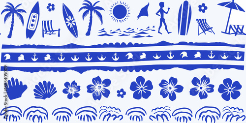 Collection of blue beach and ocean themed icons and patterns on white background