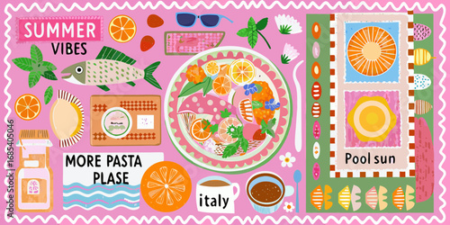 Whimsical summer vibes collage featuring food sun and italian elements