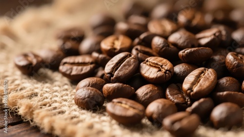 Roasted Coffee Beans on a Burlap Background
