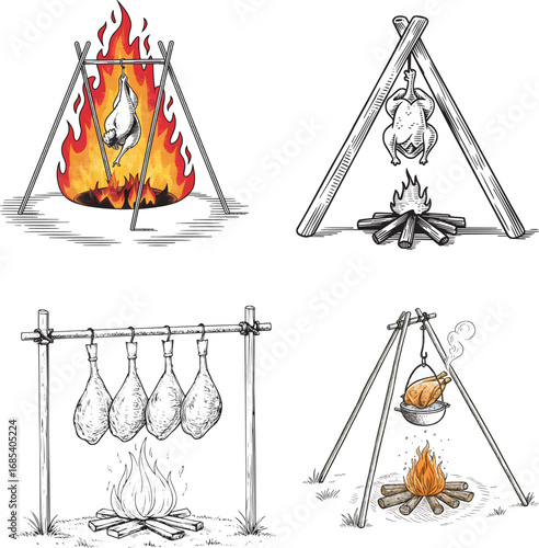 Vintage-style illustrations of outdoor cooking methods using fire.