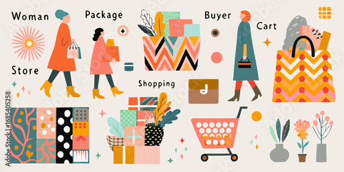 Collection of stylized illustrations depicting shopping activities with women packages and shopping carts
