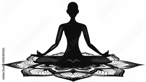 Silhouette of a person in lotus position meditating on a stylized lotus flower in black and white style