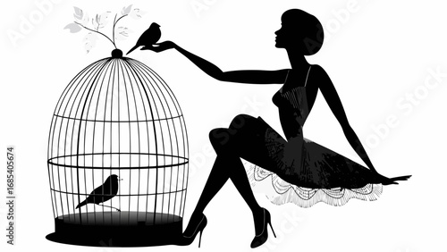 Silhouette of a woman with birdcage and birds in black and white minimalist art illustration style design