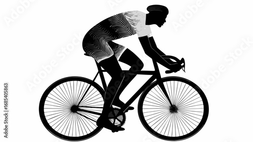 Silhouette of a cyclist with patterned jersey riding a bicycle on a white isolated background view in profile