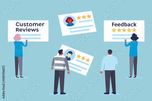 Diverse group of people reviewing customer feedback and testimonials with star ratings