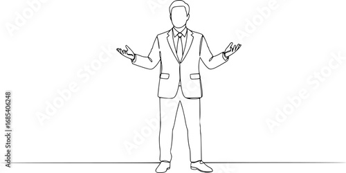 Businessman Presenting with Mic, line art, One Line Style vector illustration silhouette isolated on white background 