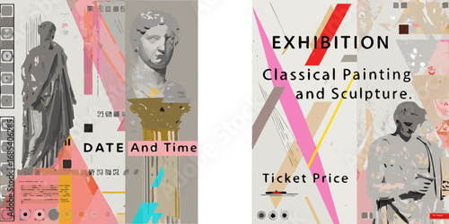 Modern abstract art exhibition poster featuring classical sculpture and geometric designs