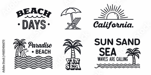 Collection of stylized beach and summer vacation graphic elements with text and icons