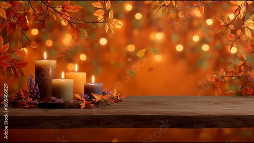Festive mockup with space for text, cozy Autumn decorations, leaves fall and branches, magic lights and bokeh, wooden stand with candles for product presentation, bright orange background, slow motion