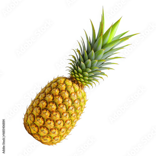 Single pineapple with green leaves isolated on a clean white background
