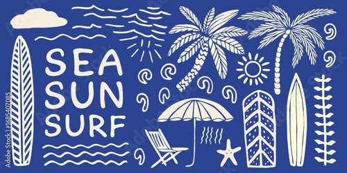 Sea sun surf summer vacation beach vibes with palm trees surfboards and beach umbrella