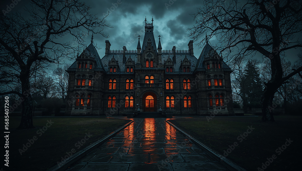 Obraz premium Dark Gothic Mansion Reflecting Shadows at Night