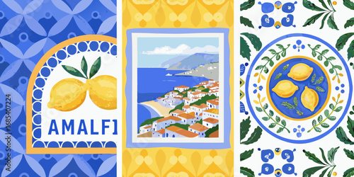 Vibrant italian amalfi coast scene with lemons and traditional blue and white tile patterns