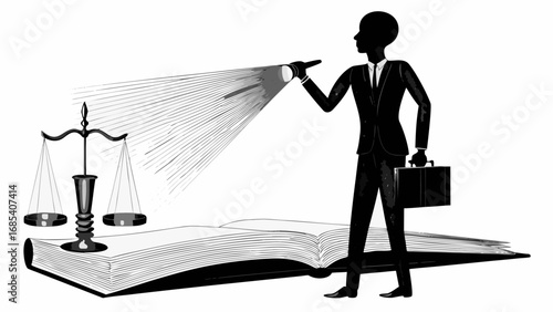 Silhouette of a lawyer with a briefcase shining a light on a law book with scales of justice near by