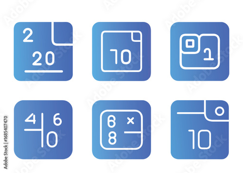 Gradient blue square icon set depicting fundamental mathematical operations and numbers