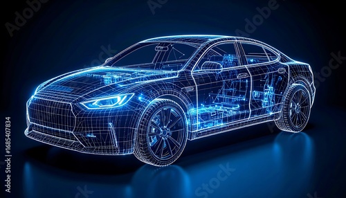 Wireframe of a modern car, showcasing its internal components