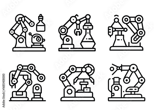 Robotic arms performing tasks in a laboratory environment icon set