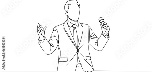 Businessman Presenting with Mic, line art, One Line Style vector illustration silhouette isolated on white background 