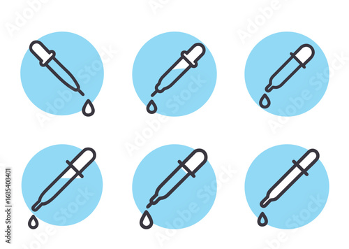 Six blue circles show pipettes with drops and varying liquid levels