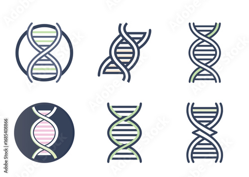 Six distinct DNA double helix illustrations with varying circular border designs