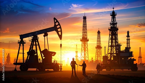 Oil Pumpjack and Drilling Rigs at Sunset with Workers Silhouette