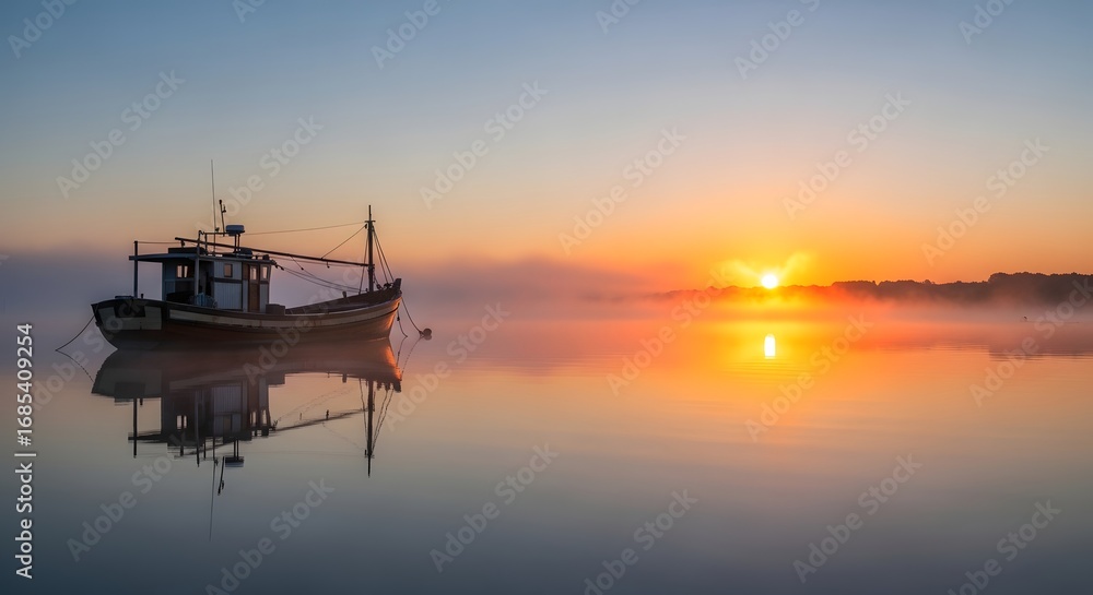 Naklejka premium Boat at Sunrise on Water