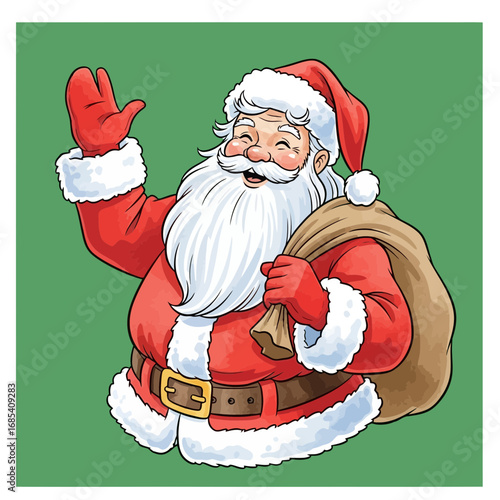 This vibrant cartoon illustration depicts a jolly Santa Claus, smiling cheerfully and waving a friendly greeting while holding a sack full of gifts, perfect for holiday designs.