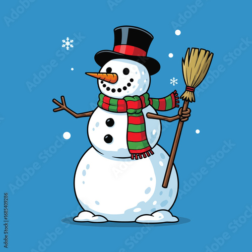 A cheerful cartoon snowman wearing a festive scarf and a stylish top hat holds a broom, surrounded by falling snowflakes on a blue background.