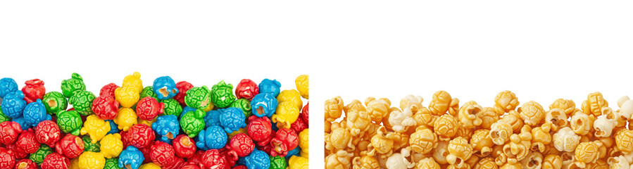 Colorful caramel popcorn and golden butter popcorn border isolated on transparent background for snack design, party decoration, food concept, and packaging mockup use