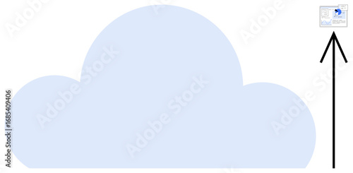 Blue cloud and upward arrow with file icon symbolize data uploading to cloud. Ideal for cloud storage, data transfer, technology, backup, web services, innovation, simple landing page