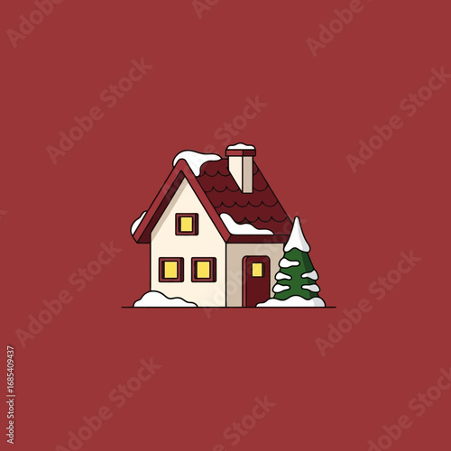A charming cartoon illustration depicts a cozy little house covered in fresh white snow, nestled beside a festive evergreen tree on a warm red background.