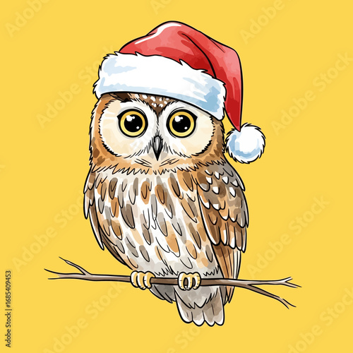 A cute cartoon owl, wearing a festive red Santa hat, perches on a branch, its big, innocent eyes captivating, perfect for spreading holiday cheer and winter joy.