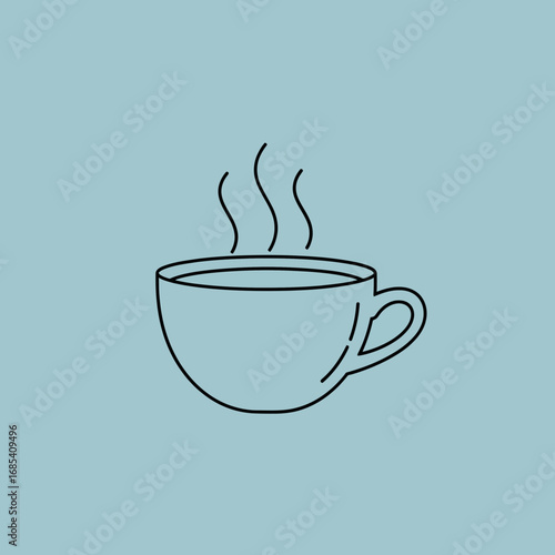 An elegant and simple line drawing illustrates a steaming cup of coffee or tea, offering a comforting visual on a soft blue background for various uses.