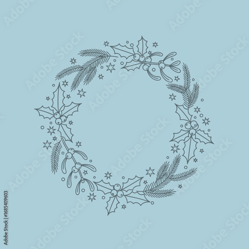 A delicate line art Christmas wreath featuring traditional festive elements like holly, mistletoe, and evergreen branches, perfect for holiday greetings and seasonal designs.