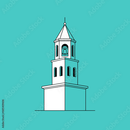 Tableau sur toile An elegant line art illustration of a classic architectural tower featuring a prominent bell, rendered with minimalist simplicity against a vibrant teal background