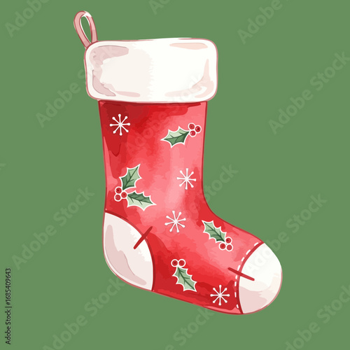 A charming watercolor illustration captures the festive spirit of Christmas with a traditional red stocking adorned with holly and snowflakes, perfect for holiday designs.