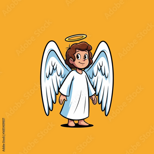 A charming cartoon angel with a golden halo and large white wings stands gracefully, wearing a flowing white robe, exuding innocence and peace.