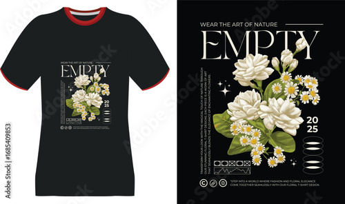 Black T-Shirt Design with White Jasmine and Daisy Floral Graphic