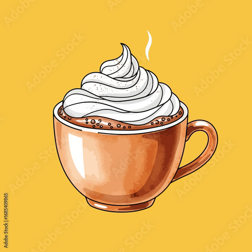 A delightful illustration of a steaming hot chocolate beverage topped with a generous swirl of fluffy whipped cream, perfect for a cozy treat.