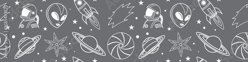 Seamless space pattern with astronaut, alien, rocket, star, and planet in hand-drawn outline design. Modern cosmic wallpaper for digital, fabric, and creative projects. Stylish astronomy background