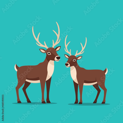 Two brown reindeer with large antlers stand side-by-side against a teal background in a cartoon illustration style.