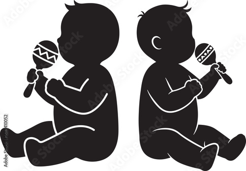 Two babies sitting and playing with rattles silhouette
