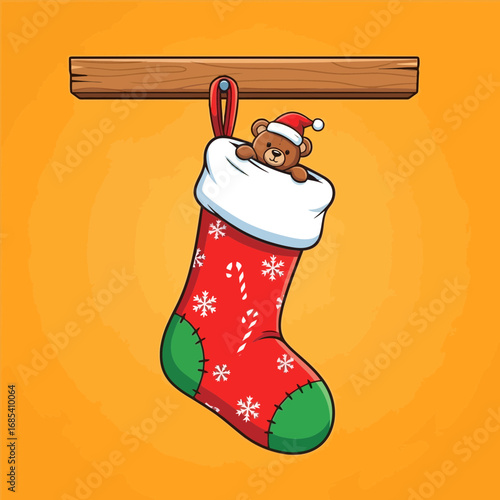 A cute brown teddy bear peeking from a festive Christmas stocking.