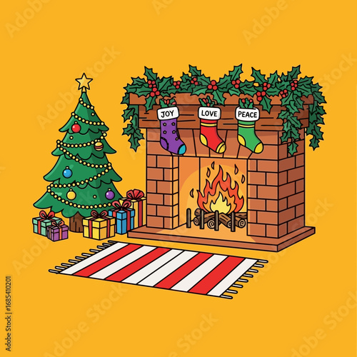 A cozy Christmas scene featuring a decorated fireplace with stockings, a glowing fire, a festive tree adorned with ornaments, and wrapped presents on a striped rug.