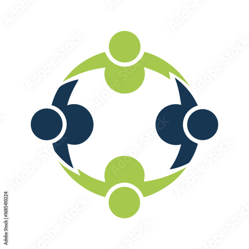 Four abstract figures in a circle with green and blue colors group people 1